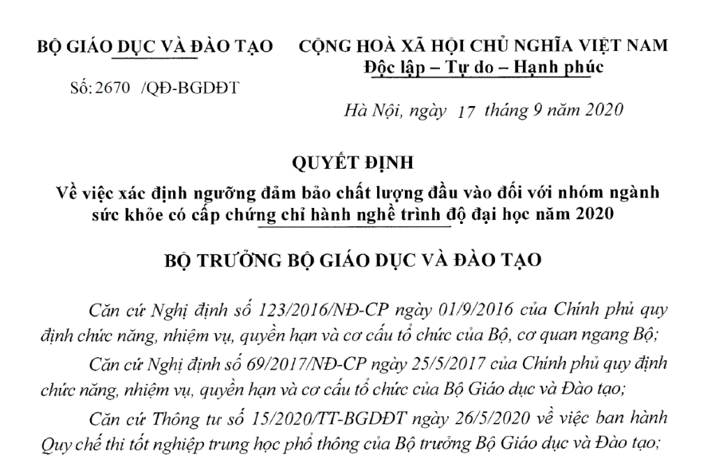 Ngưỡng đảm bảo chất lượng đầu vào đối với ngành Y đa khoa – trình độ đại học, năm 2020
