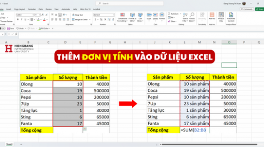 Thêm đơn vị tính vào dữ liệu Excel