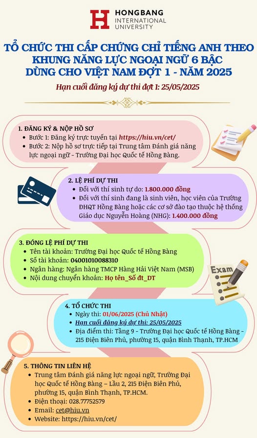 THÔNG BÁO – CHỈ CÒN 10 NGÀY NỮA ĐỂ ĐĂNG KÝ THI CẤP CHỨNG CHỈ TIẾNG ANH THEO KHUNG NĂNG LỰC NGOẠI NGỮ 6 BẬC DÙNG CHO VIỆT NAM ĐỢT 1 – NĂM 2025 (01/06/2025)