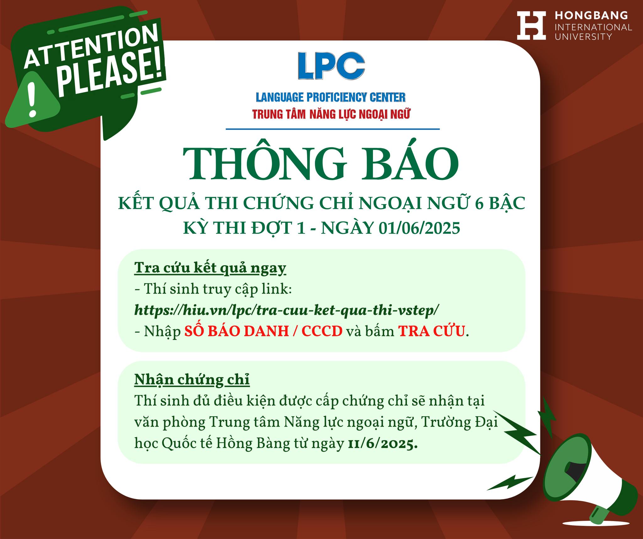 THÔNG BÁO KẾT QUẢ THI CHỨNG CHỈ NGOẠI NGỮ 6 BẬC – KỲ THI 01/06/2025