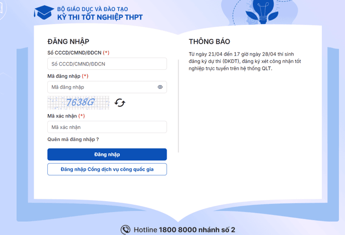 Đăng nhập tài khoản đăng ký nguyện vọng