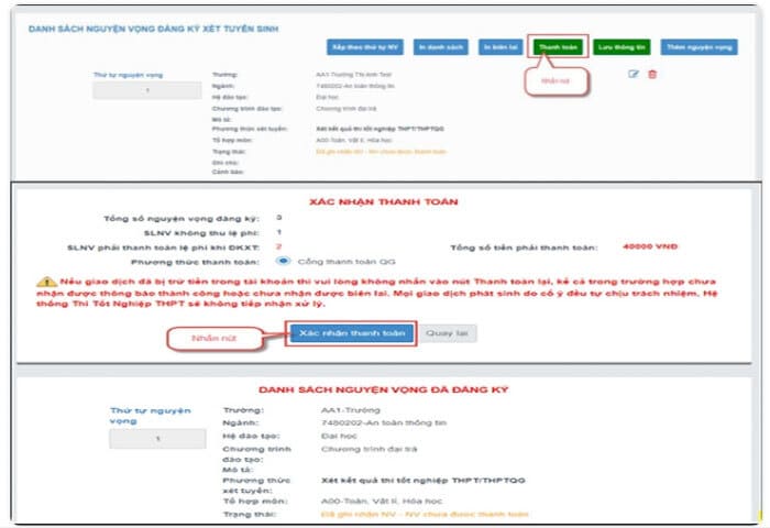 Xác nhận thanh toán lệ phí các nguyện vọng Đại học