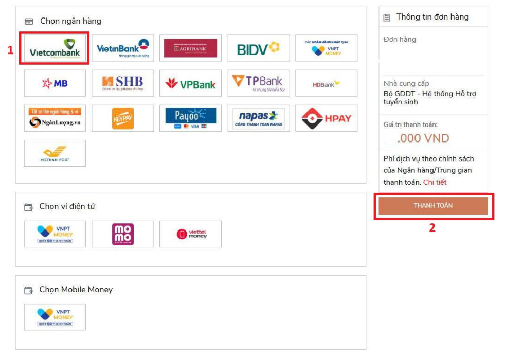 Hướng dẫn thanh toán qua kênh “Vietcombank”