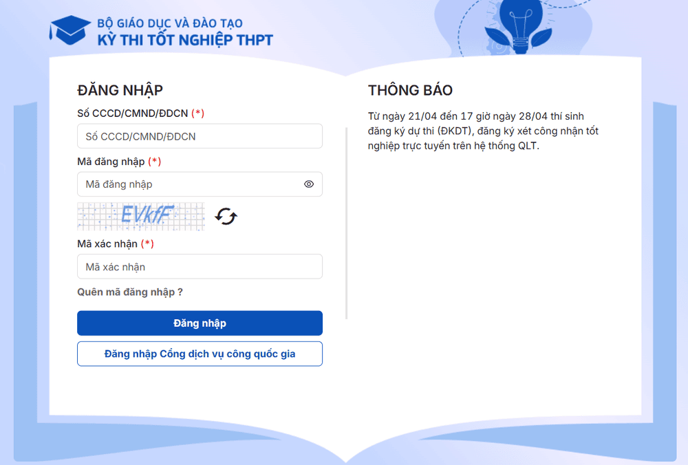 Đăng nhập trang đăng ký nguyện vọng Đại học