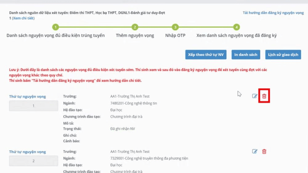 Hoặc có thể xóa nguyện vọng Đại học